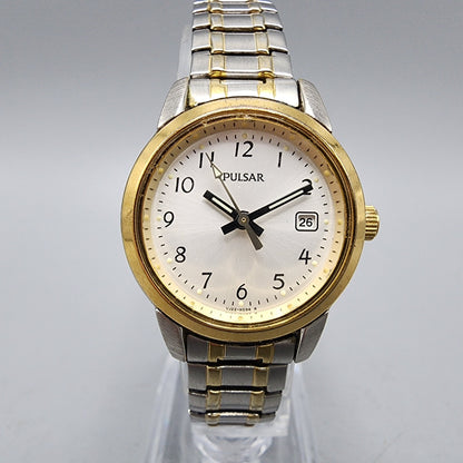 Pulsar Watch Women 22mm Silver Dial Two Tone Date Round VJ22-X025 New Battery
