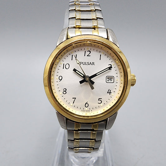 Pulsar Watch Women 22mm Silver Dial Two Tone Date Round VJ22-X025 New Battery