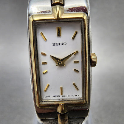 Seiko Tank Watch Women 13mm White Dial two Tone Rectangle 2E200AY0 New Battery1
