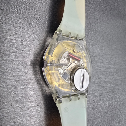 Swatch Kymata Watch Men 34mm Blue Dial Clear Case Round GE148 New Battery10