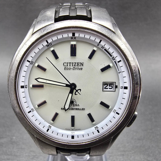Citizen Eco-Drive Attesa Watch Men 39mm White Dial Titanium Atomic Date PARTS JP0