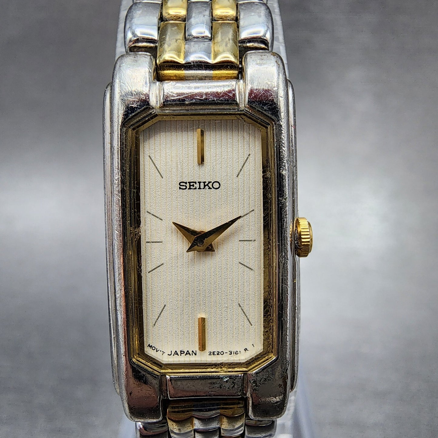 Seiko Tank Watch Women 14mm Cream Dial Two Tone Rectangle 2E207430 New Battery1
