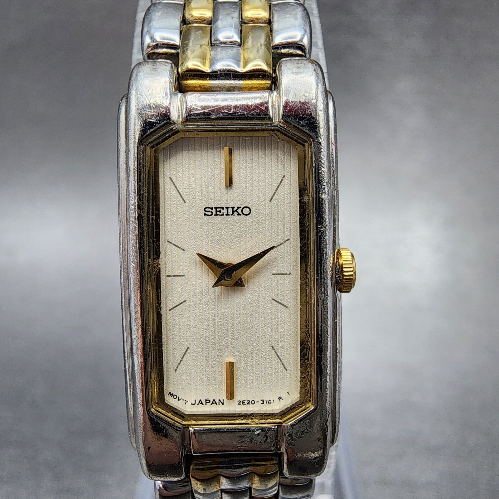 Seiko Tank Watch Women 14mm Cream Dial Two Tone Rectangle 2E207430 New Battery1