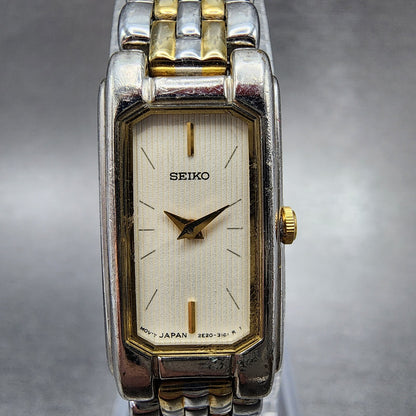 Seiko Tank Watch Women 14mm Cream Dial Two Tone Rectangle 2E207430 New Battery1