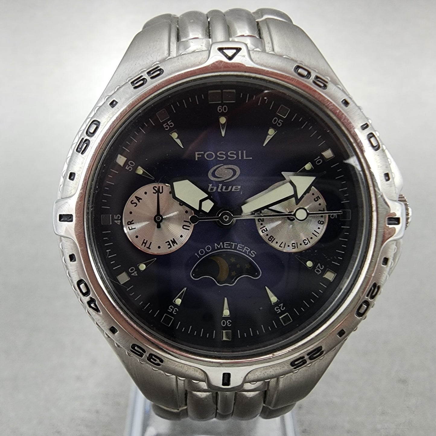 Fossil Dive Watch Women 35mm Blue Dial Steel Daydate Sun Moon Round New Battery1