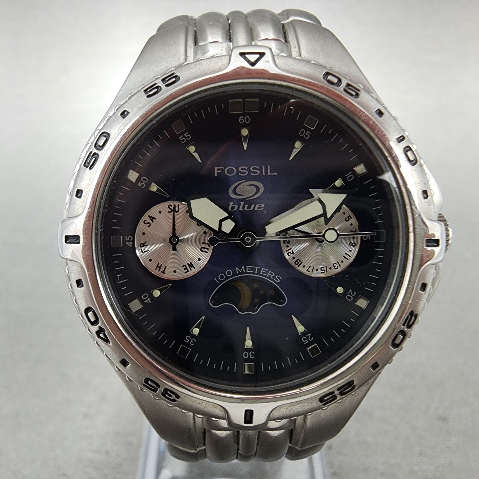 Fossil Dive Watch Women 35mm Blue Dial Steel Daydate Sun Moon Round New Battery1