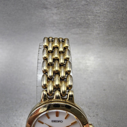 Seiko Solar Watch Women 24mm White Dial Gold Tone Round V1140AE0 Runs4