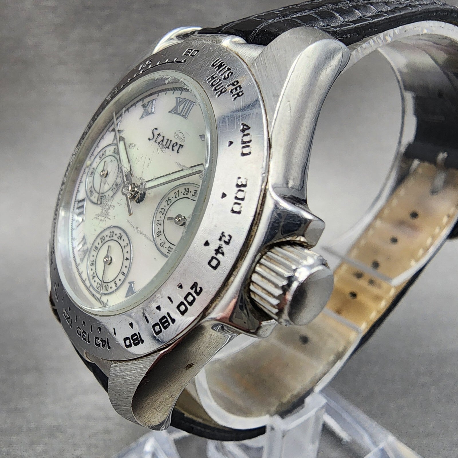 Stauer Monaco Watch Women 35mm MOP Dial Steel Daydate Round 15458 New Battery2