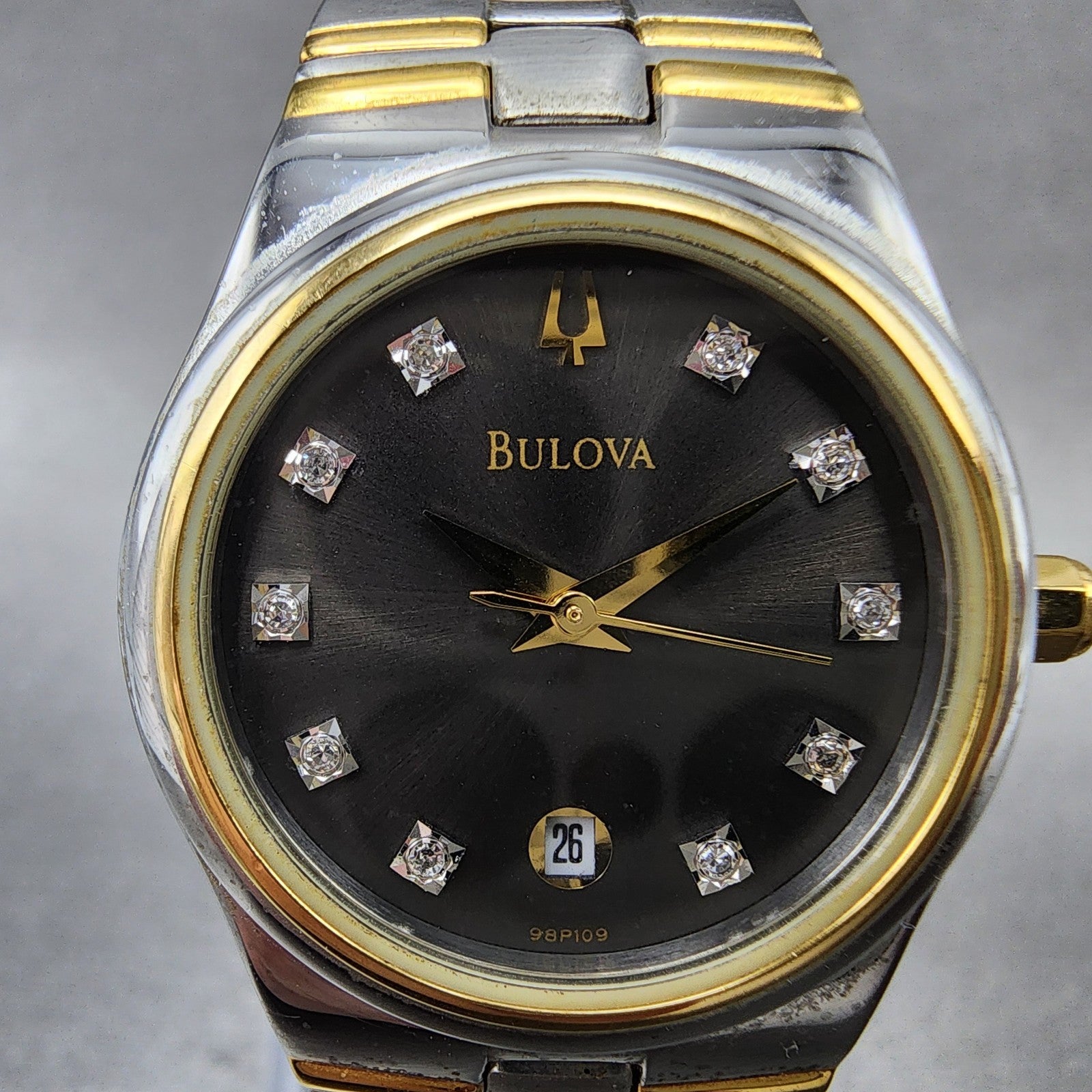 Bulova Watch Women 26mm Black Dial Two Tone Date Round 98P109 New Battery1
