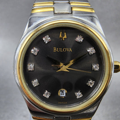 Bulova Watch Women 26mm Black Dial Two Tone Date Round 98P109 New Battery1
