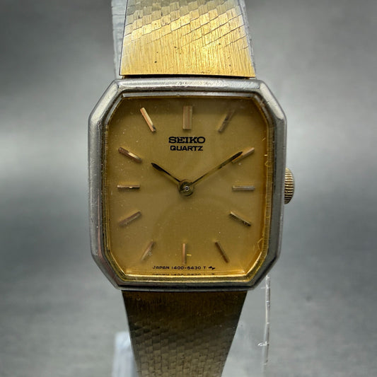 Seiko Tank Watch Women 18mm Champagne Dial Gold Tone 1400-8089 New Battery0