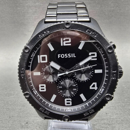 Fossil Watch Men 50mm Black Dial Black Tone Daydate Round BQ2532 New Battery0