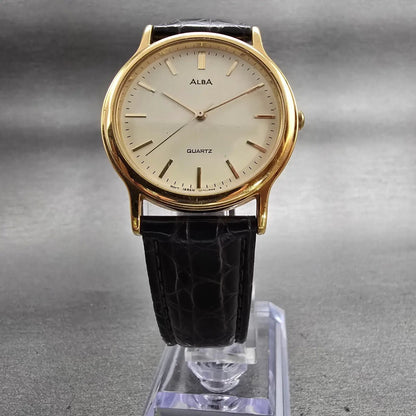 Seiko Alba Watch Men 33mm Ivory Dial Gold Tone Round V501-6K30 New Battery VTG5