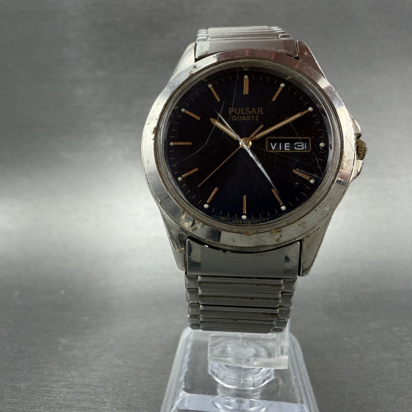 Seiko Pulsar Watch Men 36mm Blue Dial Silver Tone Daydate V533-7A90 New Battery5