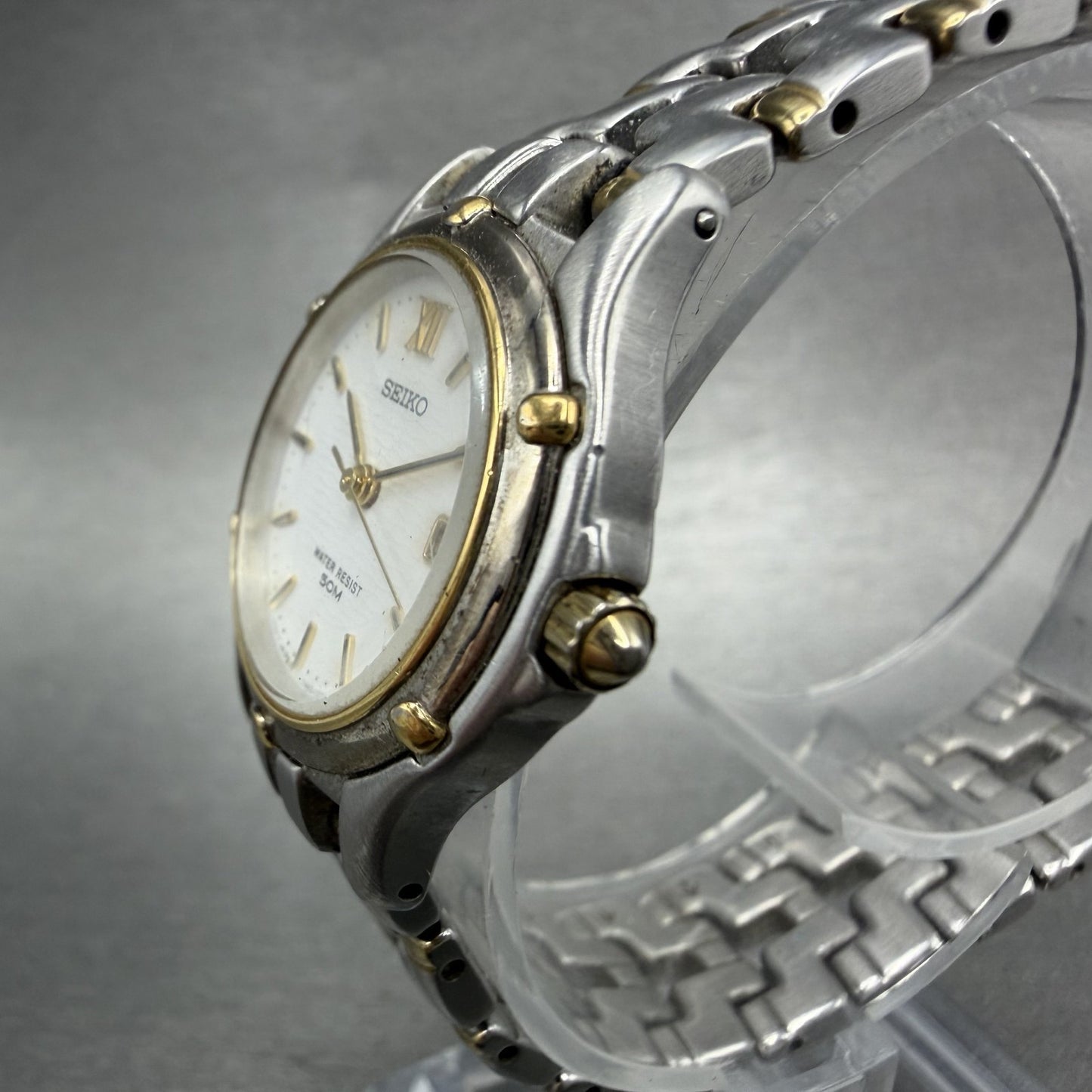 Seiko Watch Women 26mm White Dial Two Tone Date Round 7n82-0599 New Battery JKGL2