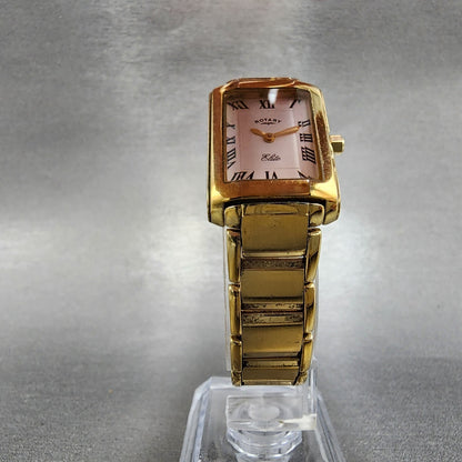 Rotary Elite Tank Watch Women 20mm White Dial Gold Tone Rectangle New Battery