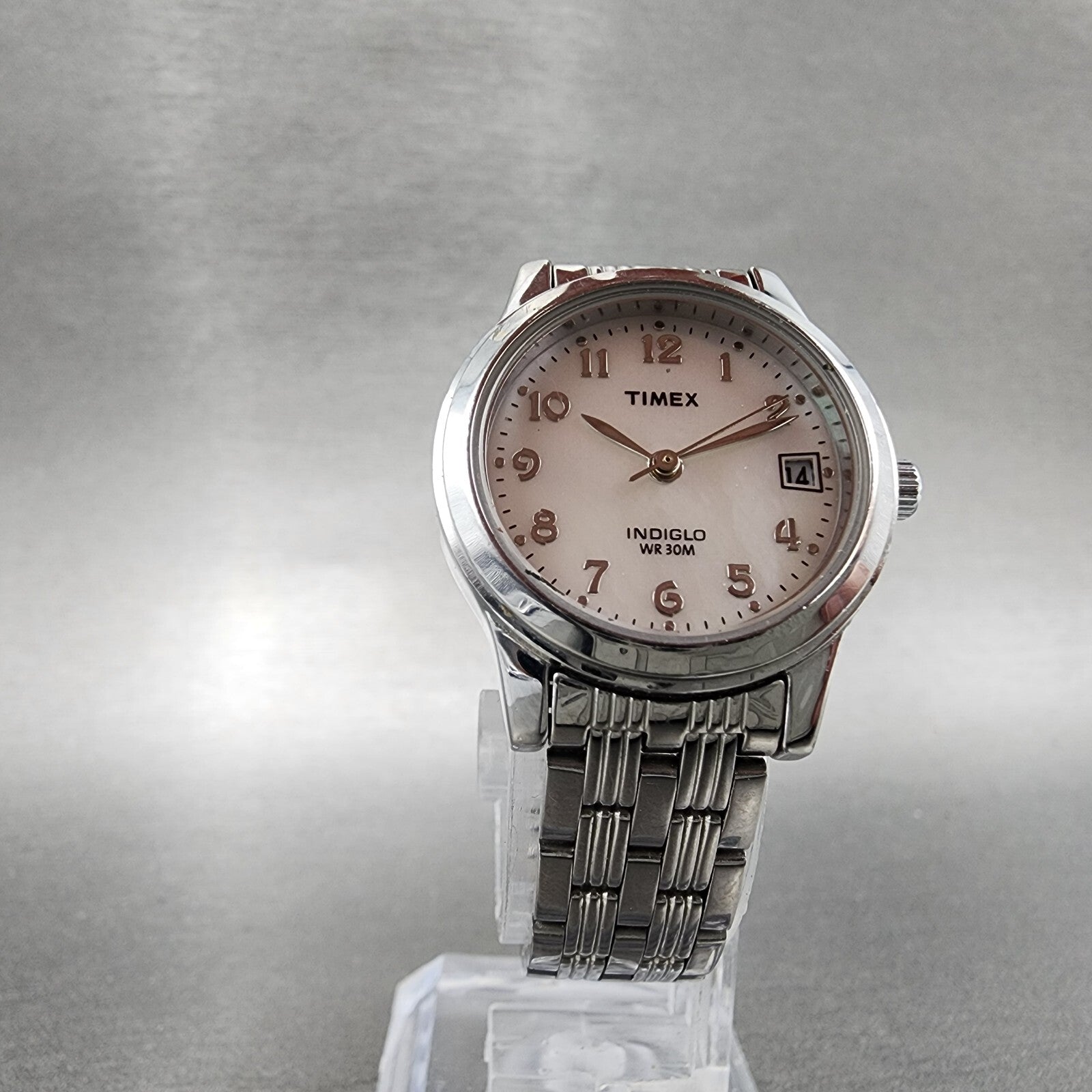 Timex Indiglo Watch Women 25mm MOP Dial Silver Tone Date Round New battery5
