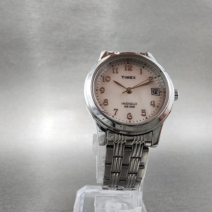 Timex Indiglo Watch Women 25mm MOP Dial Silver Tone Date Round New battery5