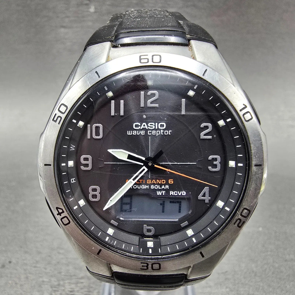Casio Wave Ceptor WVA-M640 Watch Men 43mm Black Silver Solar An Digi Atomic Runs0