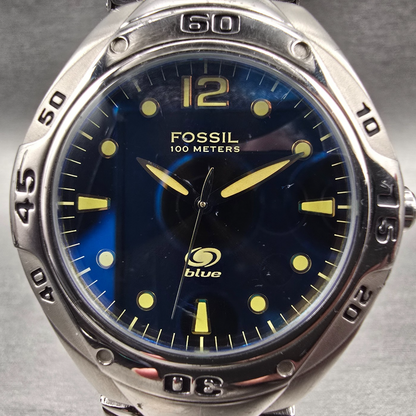 Fossil Blue Watch Men 39mm Blue Dial Silver Tone Round AM-3395 New Battery1