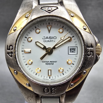 Casio Dive Watch Women 27mm White Dial Two Tone Date Round LTD-1034 New Battery1