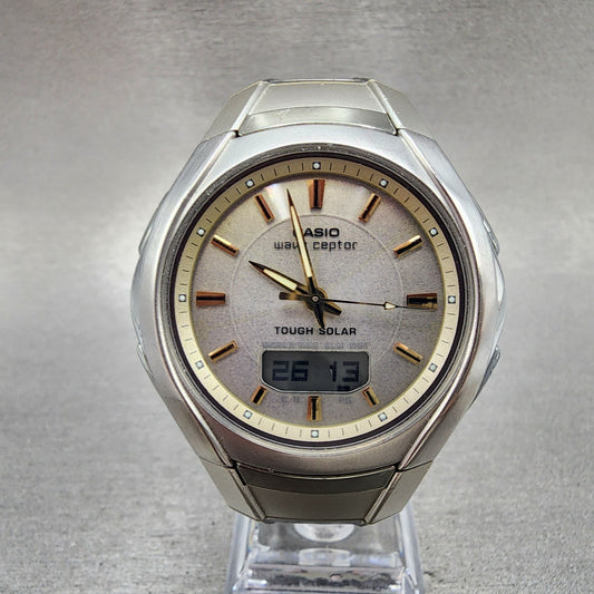 Casio Wave Ceptor WVA420J Watch Men 43mm White Dial Analog Digital Steel Works0