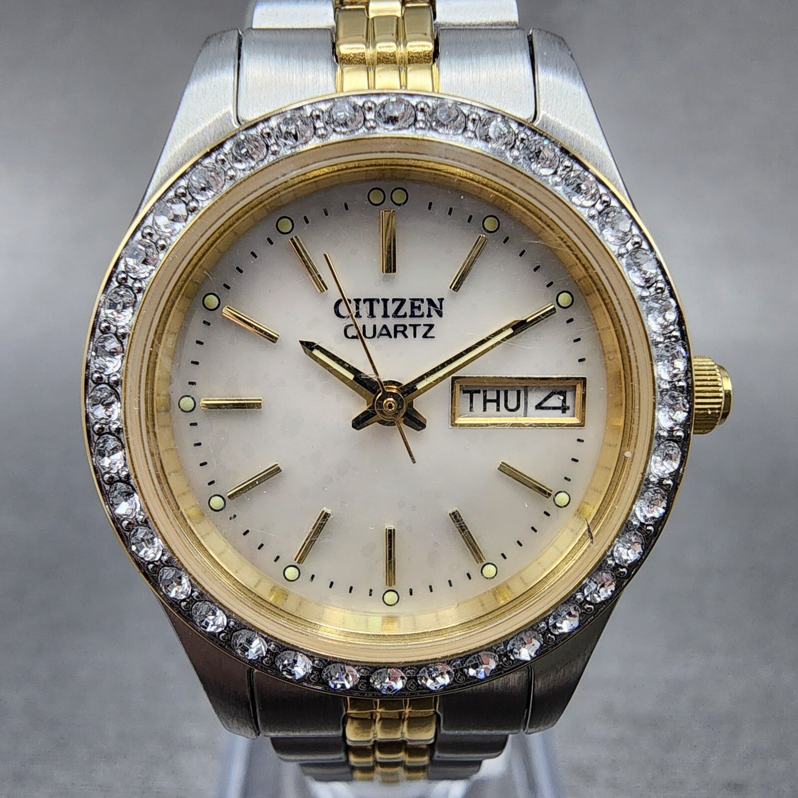 Citizen Watch Women 26mm MOP Dial Crystal Bezel Two Tone Daydate EQ053450D1