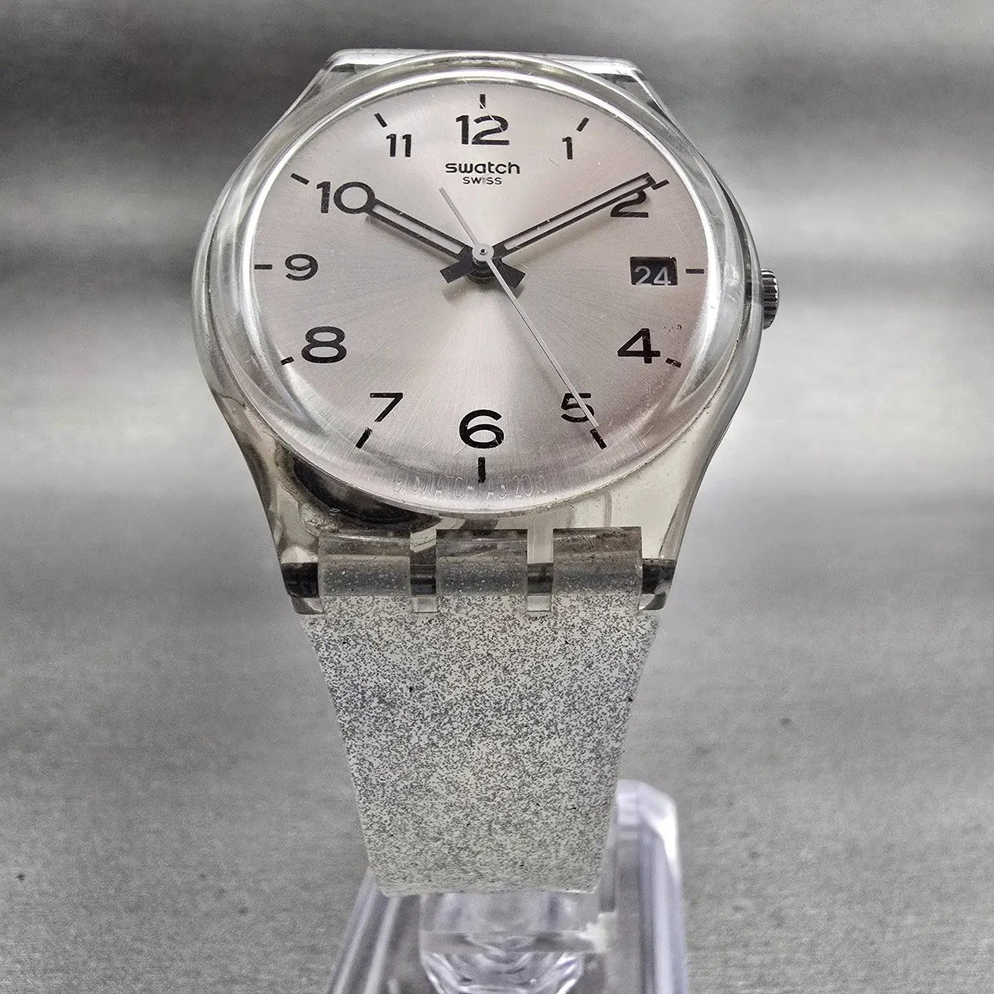 Swatch SILVERBLUSH Watch Men Silver Dial Clear Case Date GM416C New Battery G5