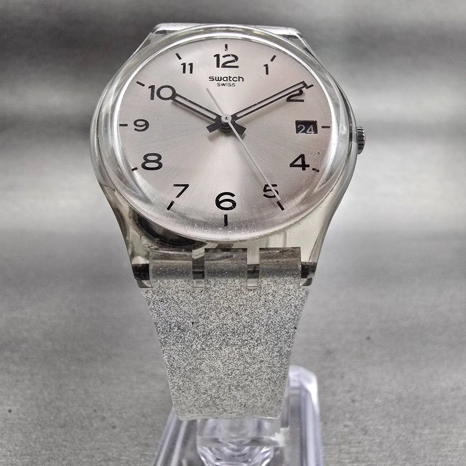 Swatch SILVERBLUSH Watch Men Silver Dial Clear Case Date GM416C New Battery G5