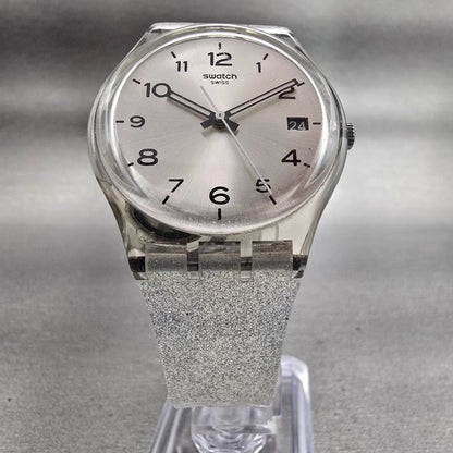 Swatch SILVERBLUSH Watch Men Silver Dial Clear Case Date GM416C New Battery G5