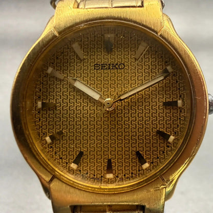 Seiko Watch Men 32mm Gold Dial Gold Tone Round V701-2B60 New Battery Vintage1