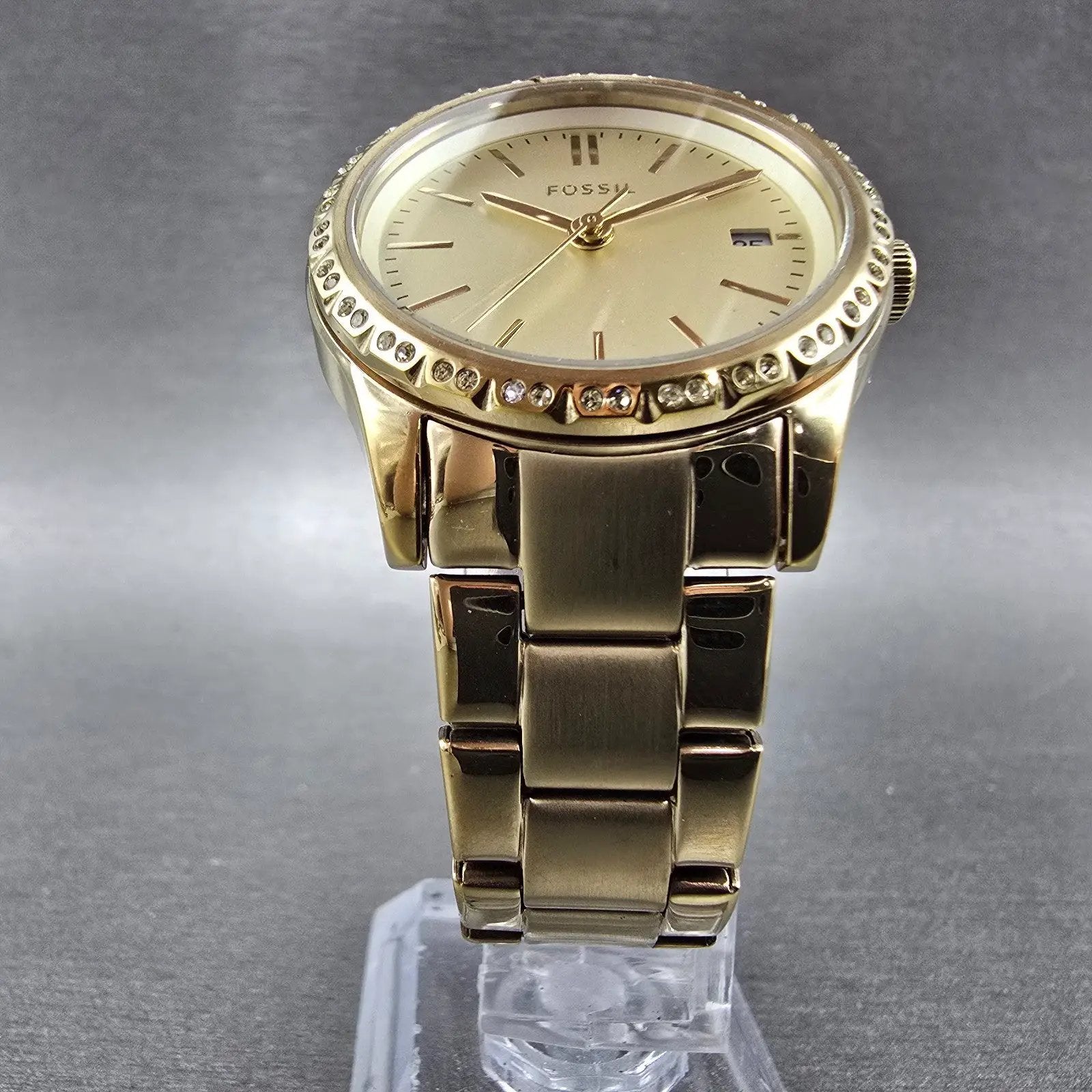 Fossil Watch Women 34mm Champagne Dial Gold Tone Date Round BQ3375 New Battery5