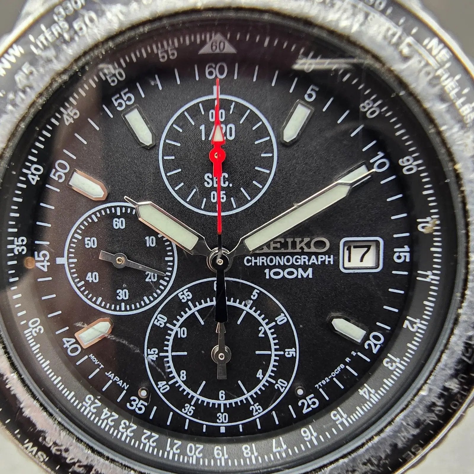 Seiko Flightmaster Chronograph Watch Men 40mm Black dial Steel Date New BatteryQ1