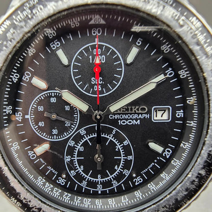 Seiko Flightmaster Chronograph Watch Men 40mm Black dial Steel Date New BatteryQ1
