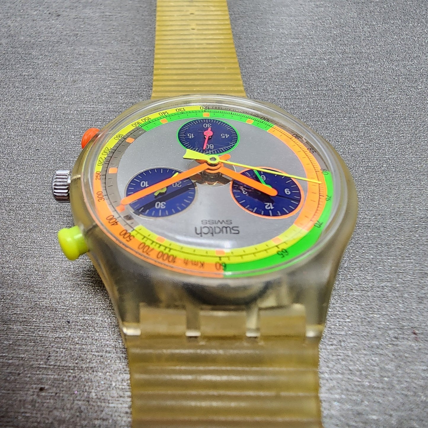 Swatch Jelly Stag Chrono Watch Men 37mm Silver Dial Clear Tone READ!!!! New Batt4