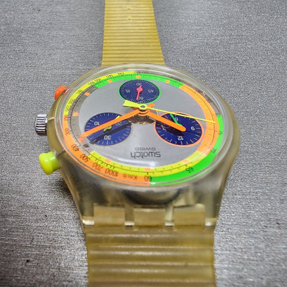 Swatch Jelly Stag Chrono Watch Men 37mm Silver Dial Clear Tone READ!!!! New Batt4
