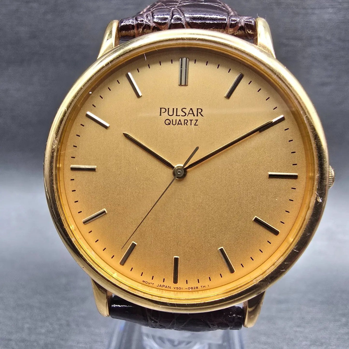 Pulsar Watch Men 36mm Gold Dial Gold Tone Round V501-0A50 New Battery1
