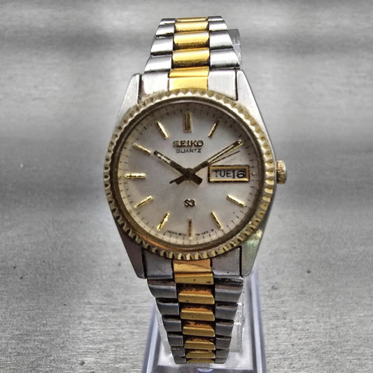 Seiko SQ Watch Women 24mm Silver Dial Two Tone Daydate Round 3E23-0A69 New Batt0