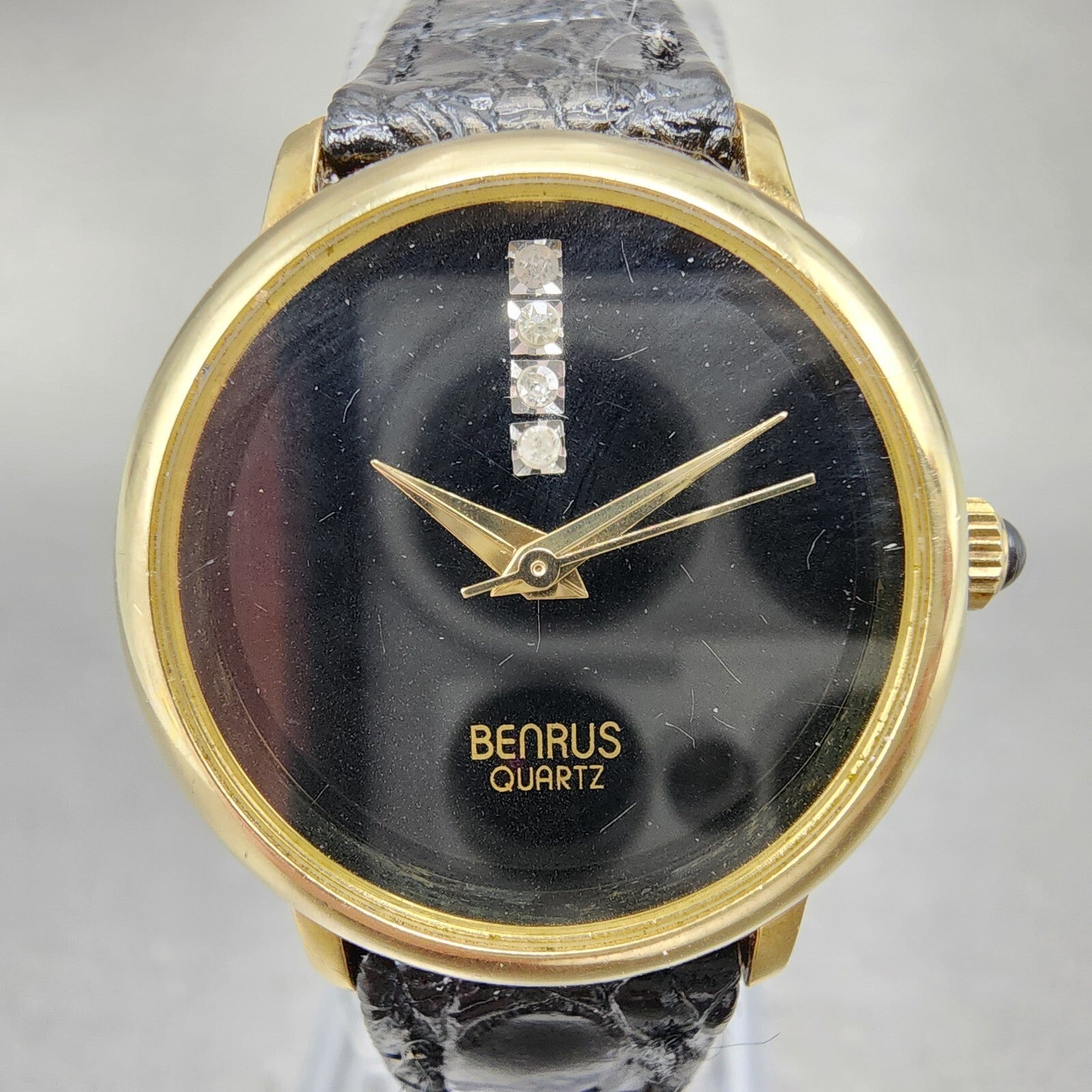 Benrus Watch Women 24mm Black Dial Gold Tone Round Diamond Accents New Battery1