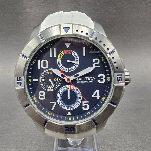 Nautica Dive Watch Men 47mm Blue Dial Steel Daydate Round NAD12514G New battery0