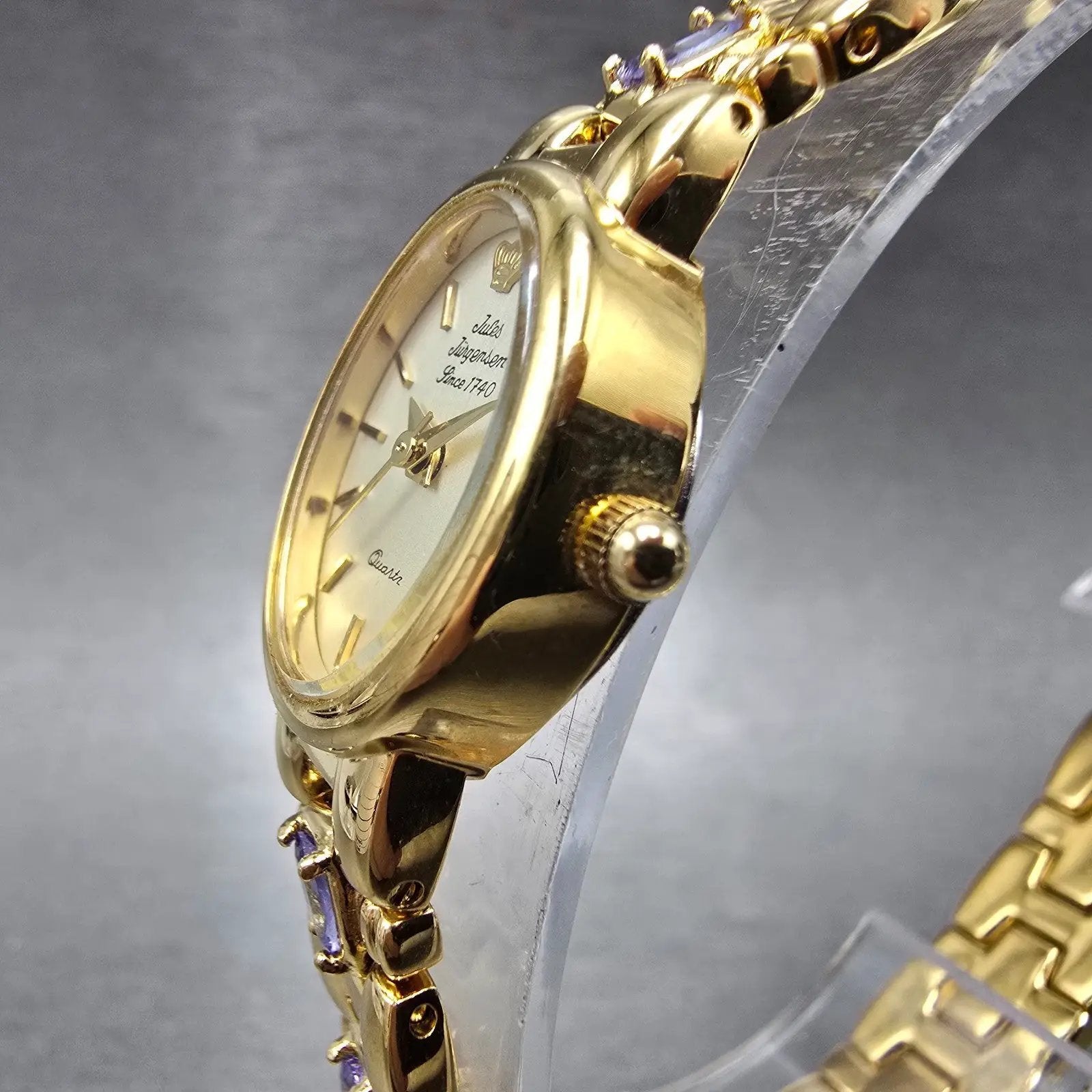 Jules Jurgensen Watch Women 17mm Champagne Dial Gold Oval Blue Gems New BatteryP2