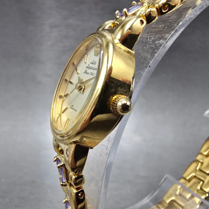 Jules Jurgensen Watch Women 17mm Champagne Dial Gold Oval Blue Gems New BatteryP2