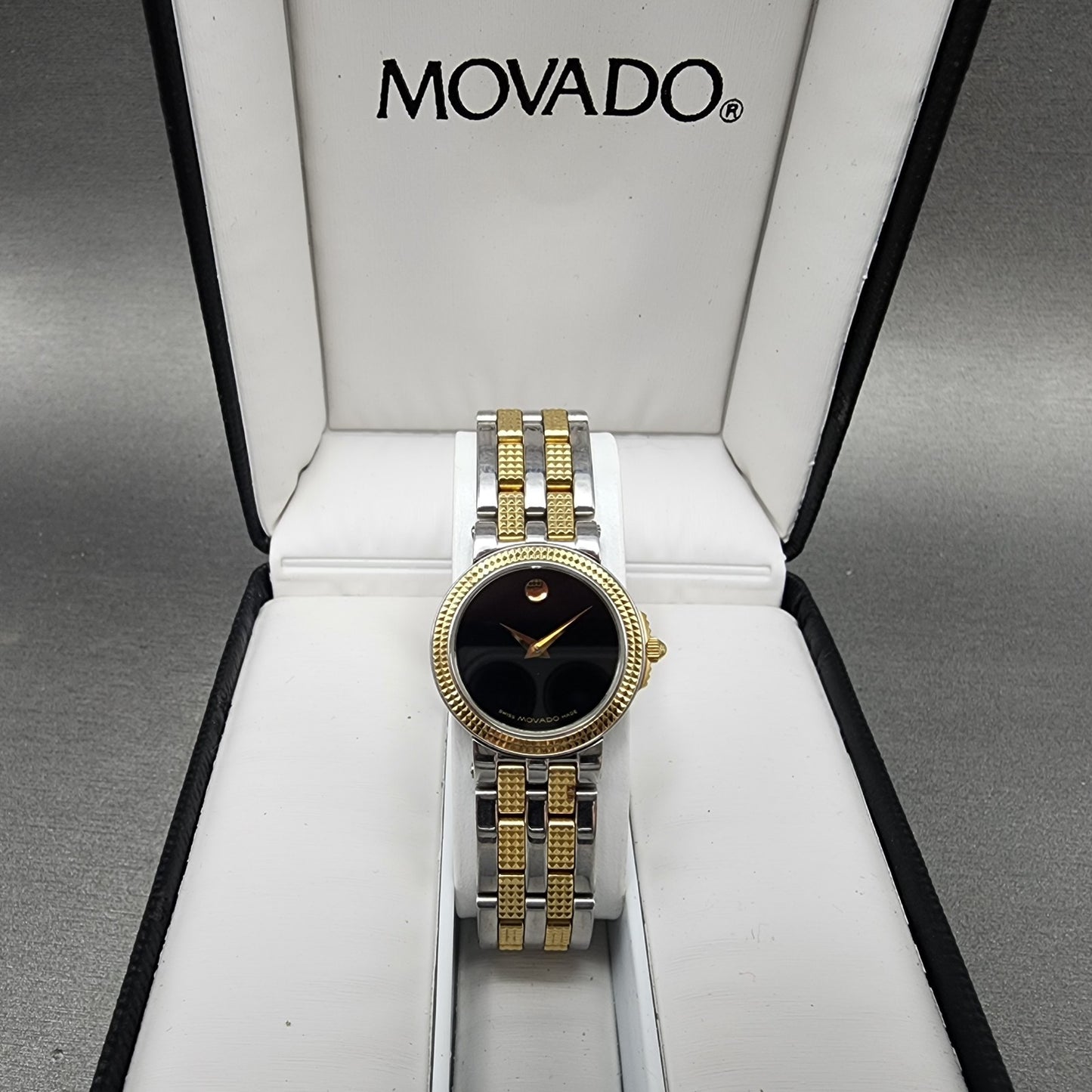 Movado Museum Watch Women 24mm Black Dial Two Tone Round 81A1831 New Battery0