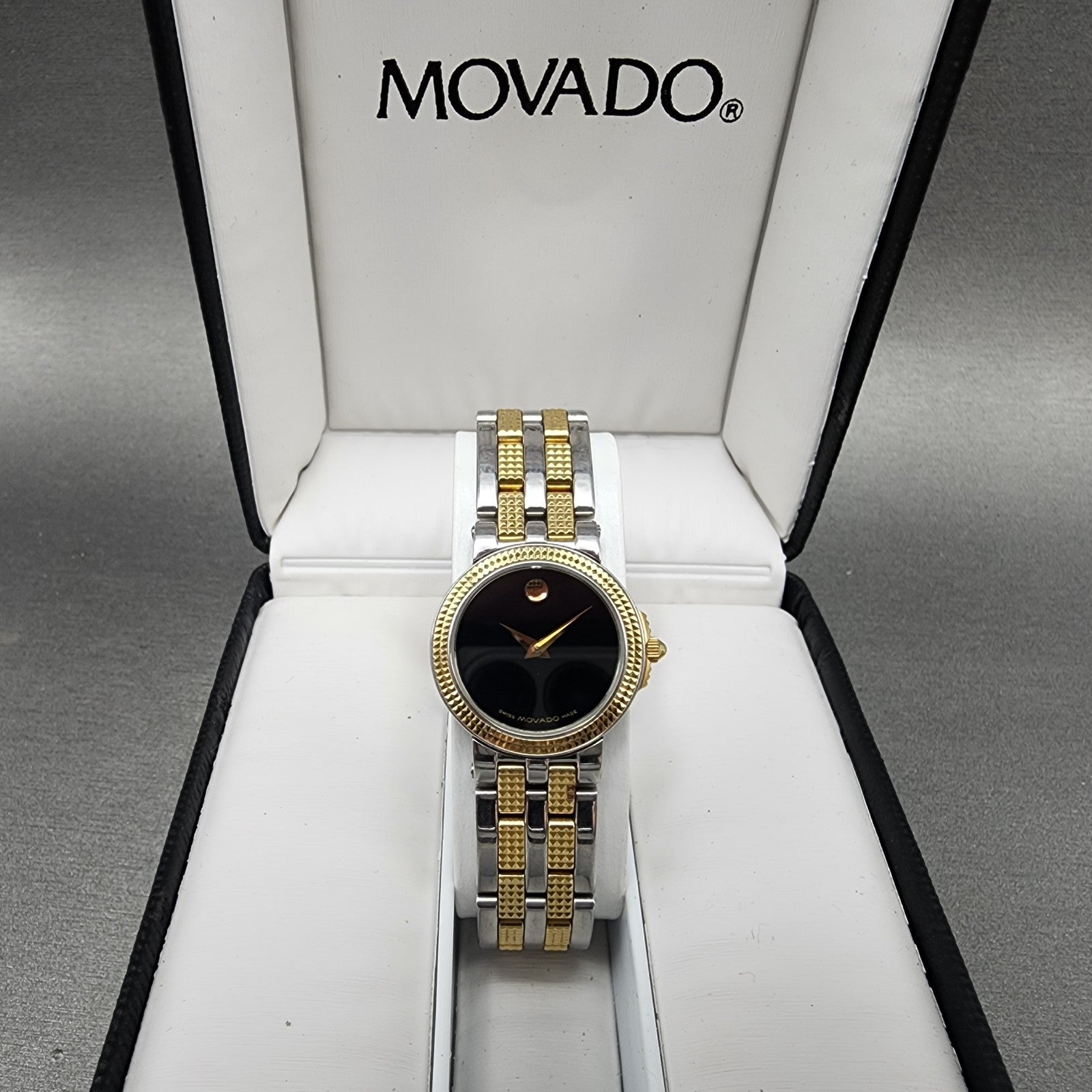 Movado Museum Watch Women 24mm Black Dial Two Tone Round 81A1831 New Battery0