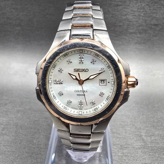 Seiko Coutura Watch Women 29mm MOP Dial Two Tone Date Round 7N82-0FR0 New Batt0