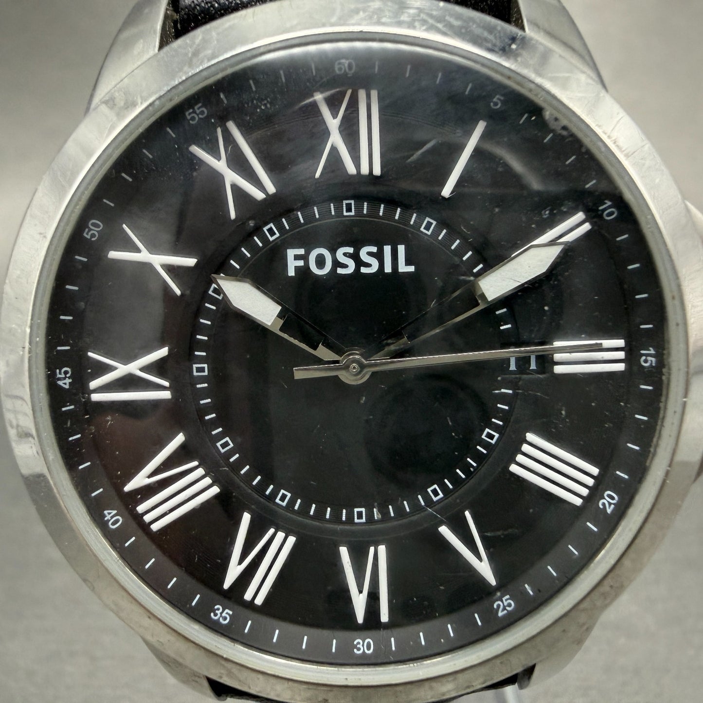 Fossil Grant Watch Men 44mm Black Dial Steel Date Round FS4745 New Battery1