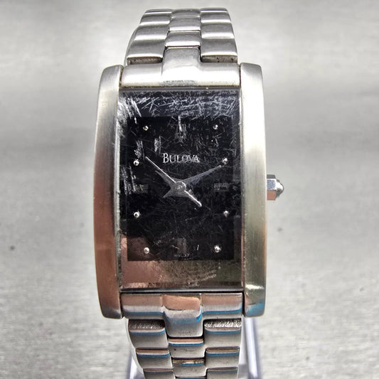 Bulova Watch Women 18mm Black Dial Silver Tone Rectangle 96L37 New Battery0