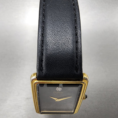 Pulsar Tank Watch Men 24mm Black Dial Gold Tone Rectangle V320-5059 New Batt