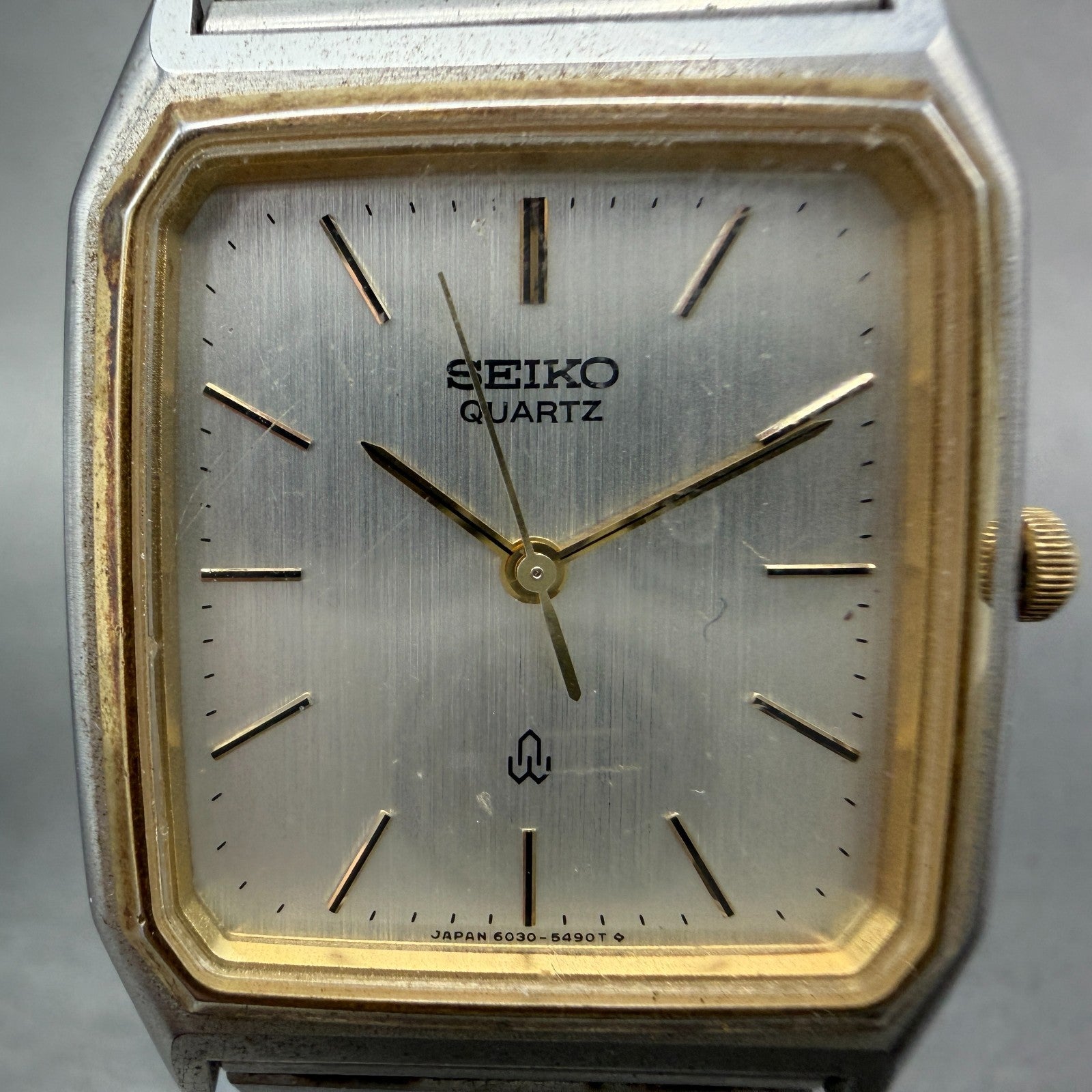 Seiko Tank Watch Men 29mm Silver Dial Two Tone Rectangle 6030-5430 New Battery 21