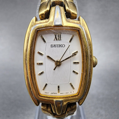 VTG Seiko Watch Women 20mm White Dial Gold Tone Rectangle 4N015100 New Battery1